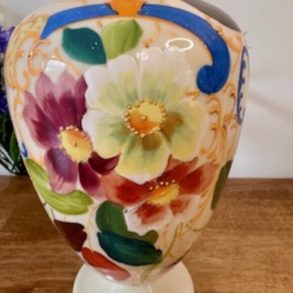 Vintage Hand Painted Floral Pedestal Vase Multicolour Ceramic Pottery‎ Decor - Picture 5 of 9